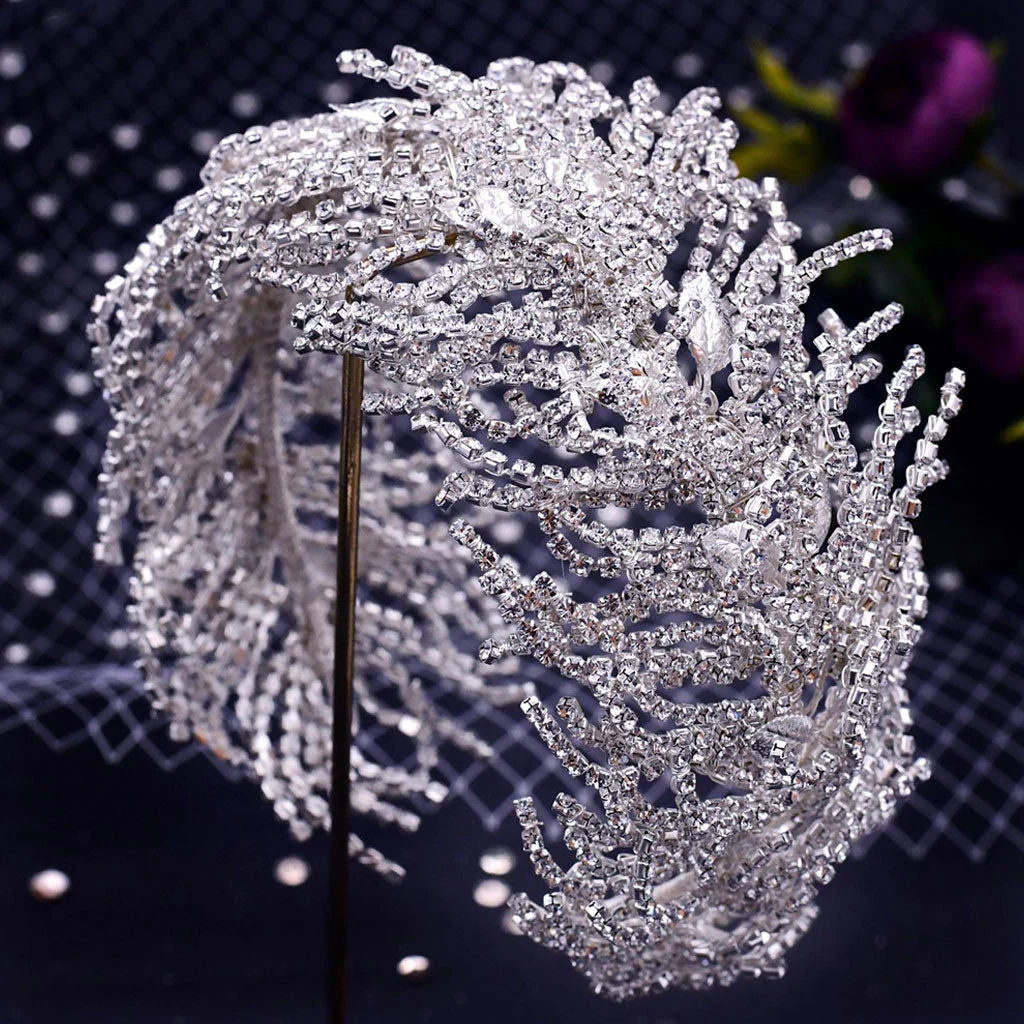 Luxury Leaf Detail Crystal Embellished Bridal Headband - Silver - Image 3