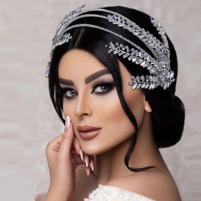 Luxury Leaf Trim Crystal Embellished Layered Headband - Silver - Image 2