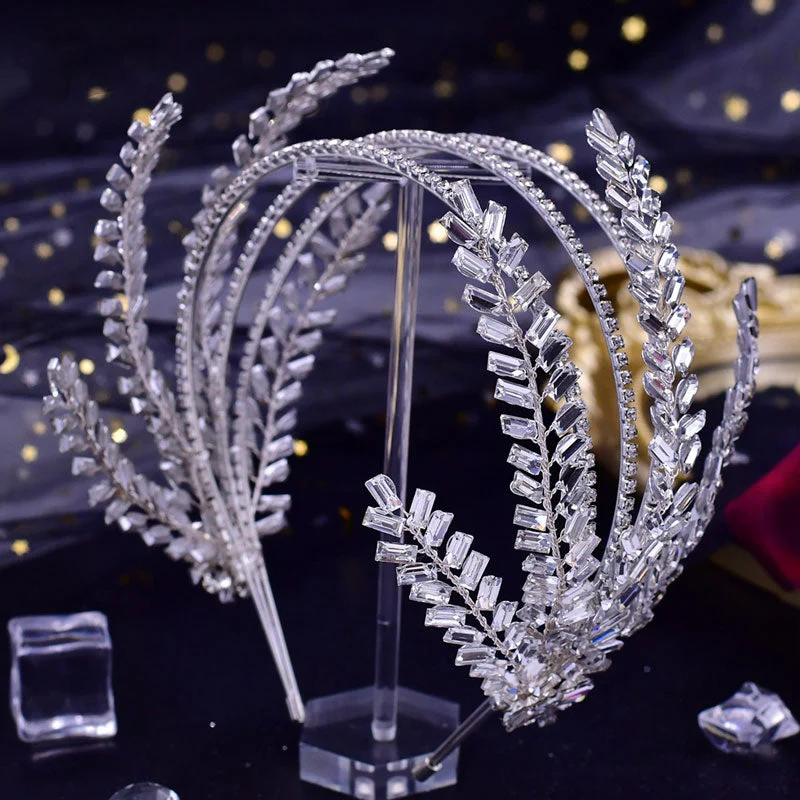 Luxury Leaf Trim Crystal Embellished Layered Headband - Silver - Image 3