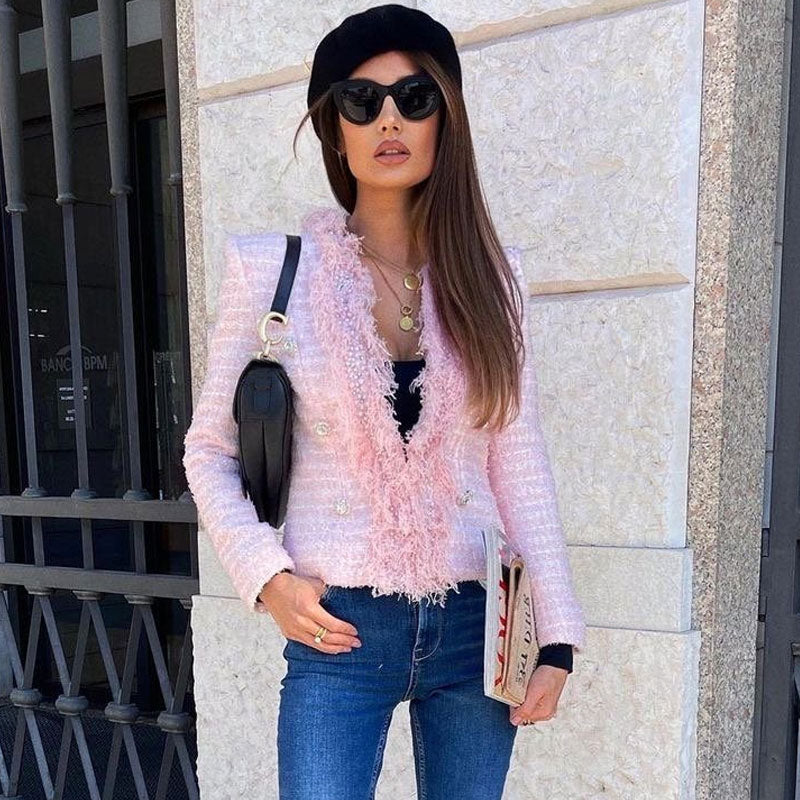 Luxury Long Sleeve Pearl Trim Fringed Button Front Tweed Jacket - Pink - Image 2