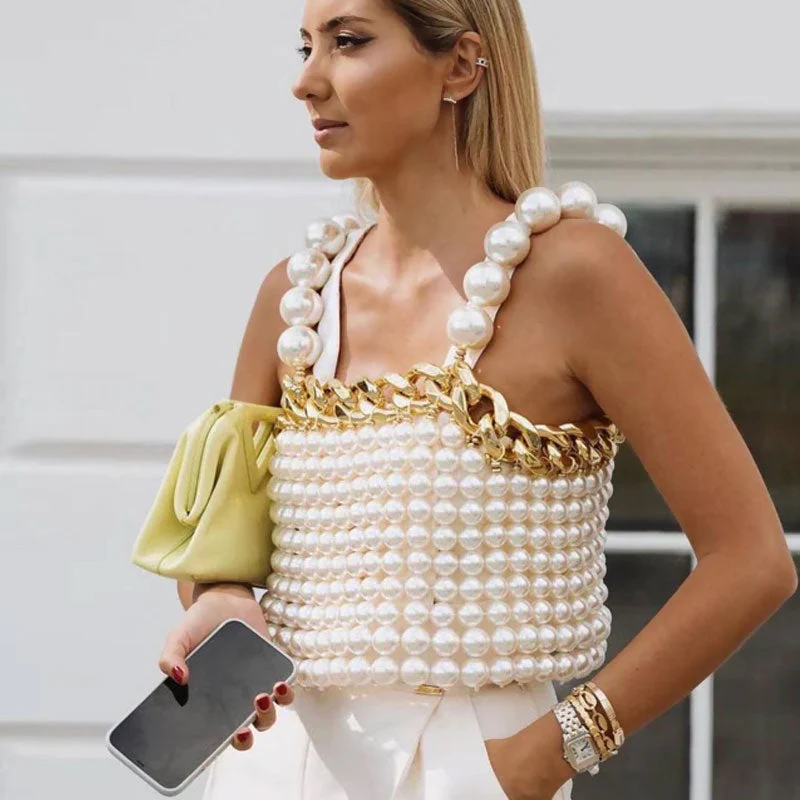 Luxury Metal Chain Oversized Imitation Pearl Beaded Backless Crop Top - White - Image 2