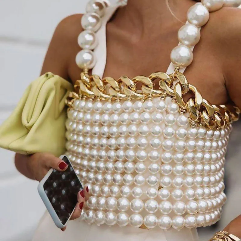 Luxury Metal Chain Oversized Imitation Pearl Beaded Backless Crop Top - White - Image 3