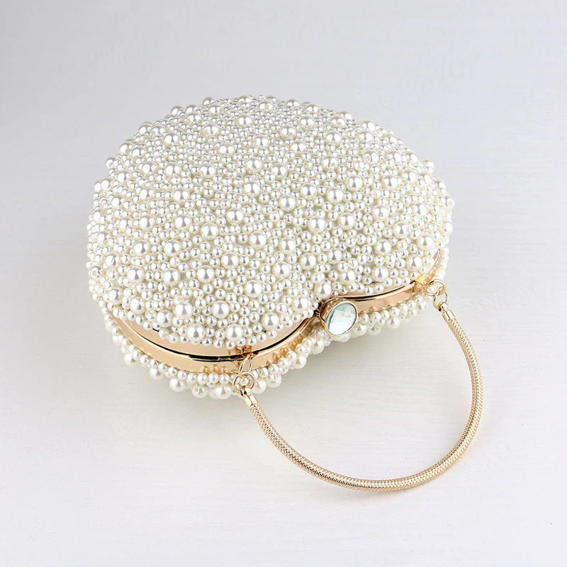 Luxury Metal Handle Pearl Beaded Heart Shaped Clutch Bag - Beige - Image 3