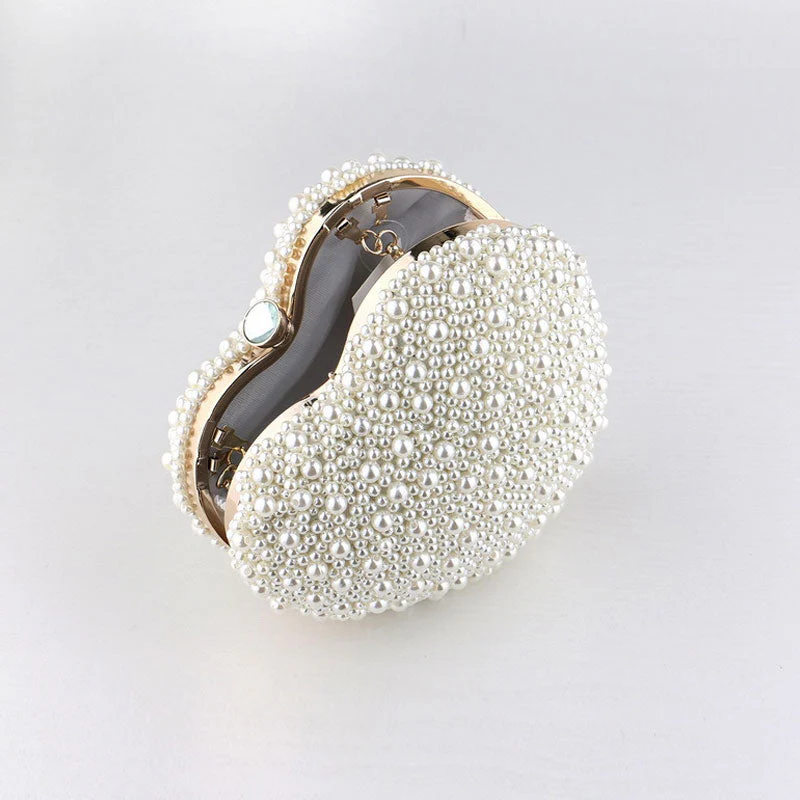 Luxury Metal Handle Pearl Beaded Heart Shaped Clutch Bag - Beige - Image 4