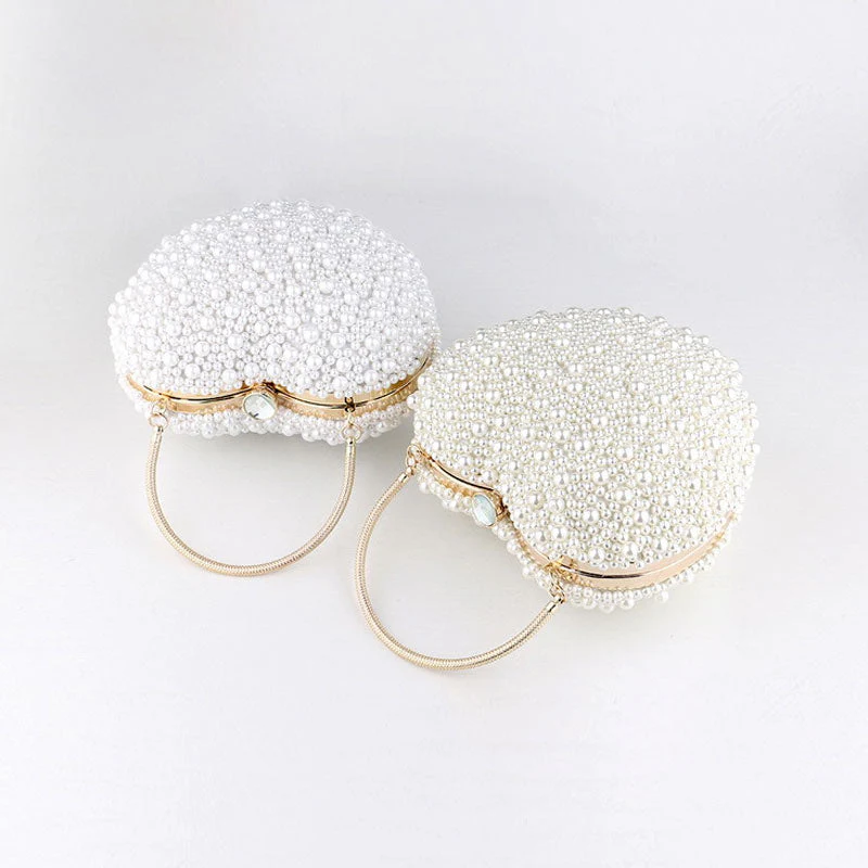 Luxury Metal Handle Pearl Beaded Heart Shaped Clutch Bag - White - Image 2