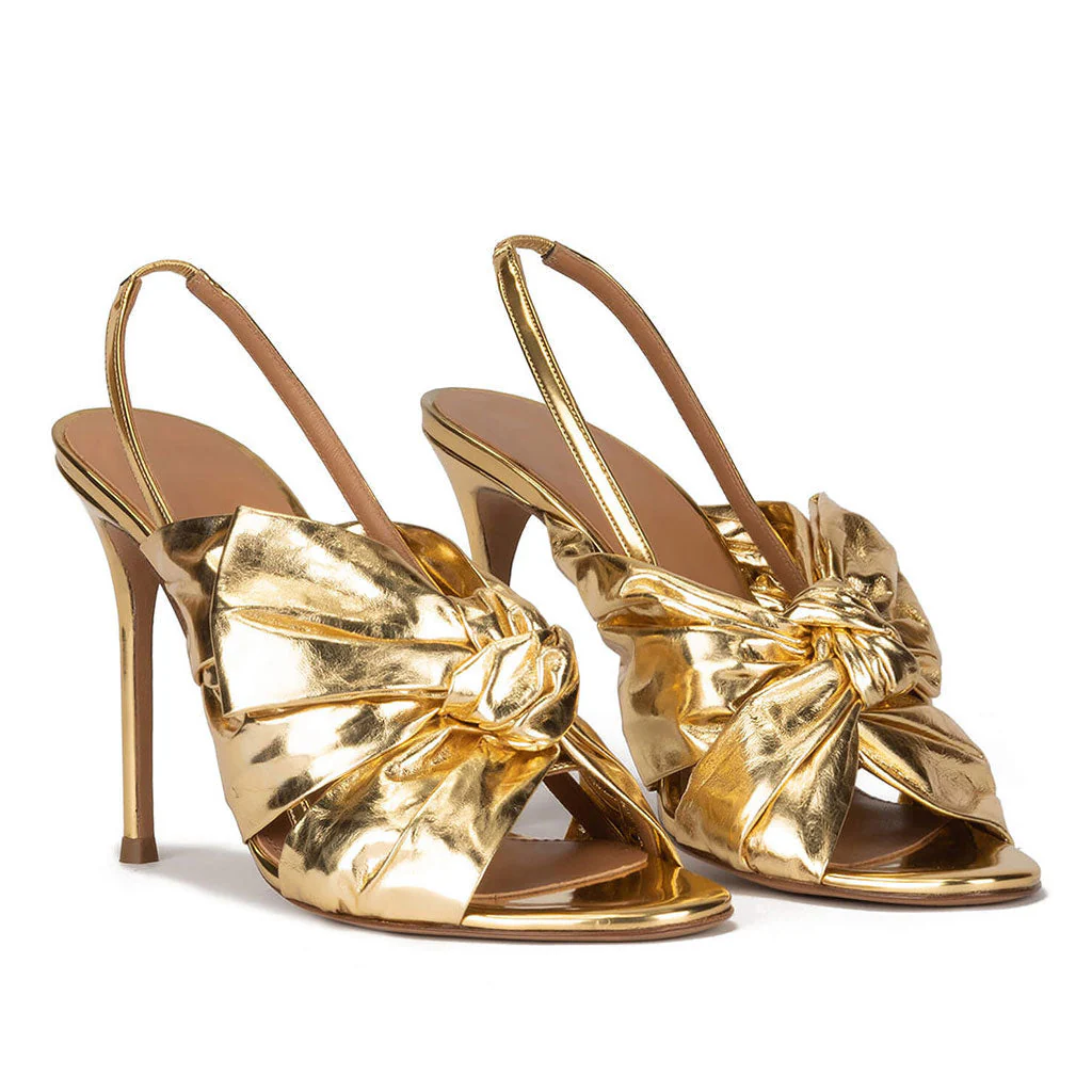 Luxury Metallic Bow Detail Round Toe Stiletto SlingBack Sandals - Gold - Image 2