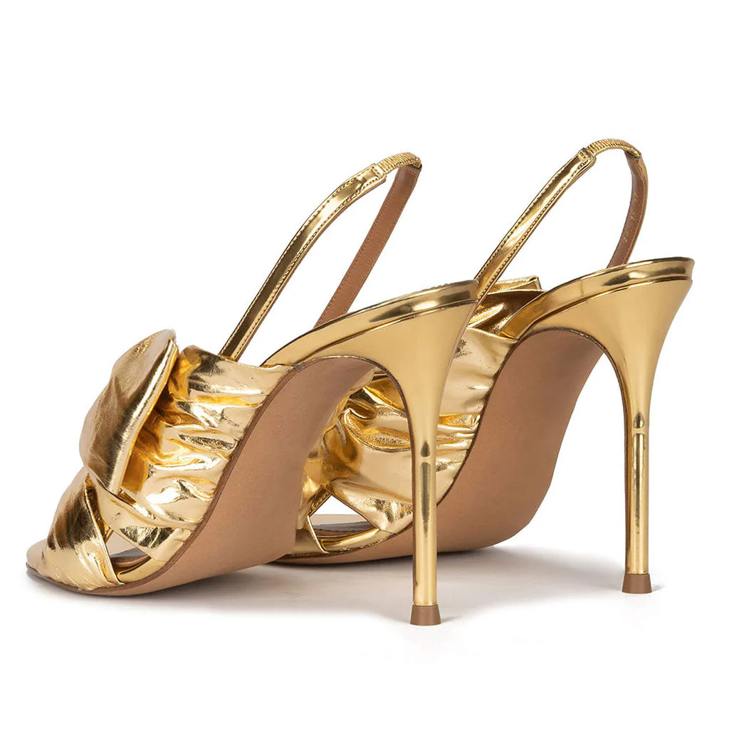 Luxury Metallic Bow Detail Round Toe Stiletto SlingBack Sandals - Gold - Image 3