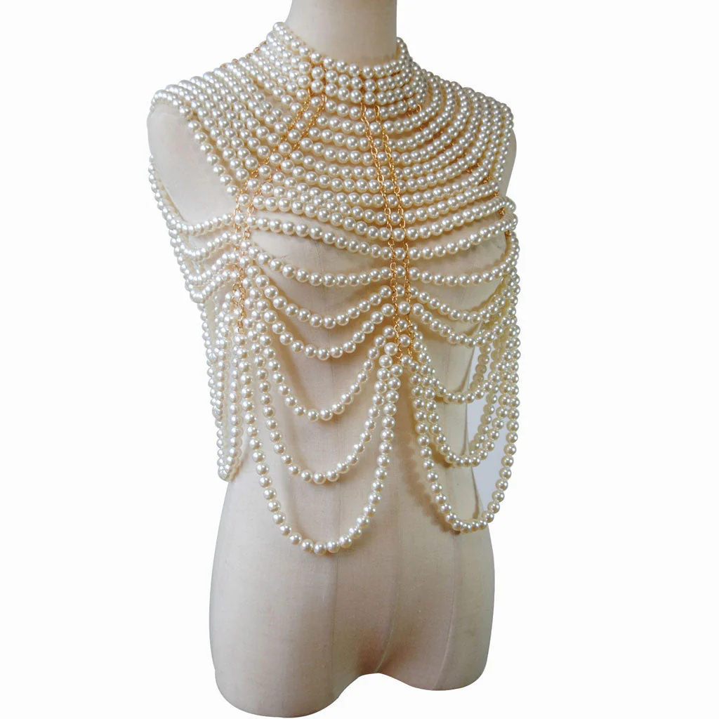 Luxury Metallic Finish Contrast Layered Imitation Pearl Choker Body Chain - Image 3
