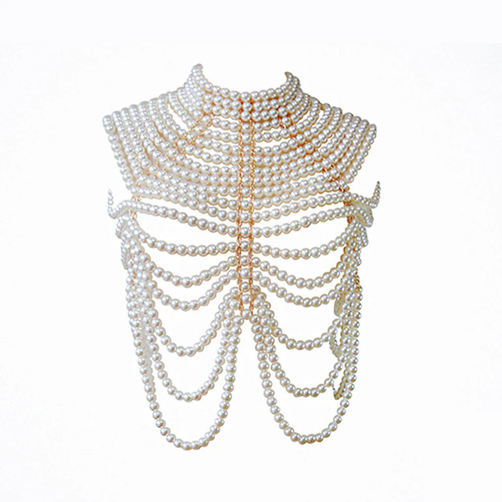 Luxury Metallic Finish Contrast Layered Imitation Pearl Choker Body Chain - Image 4