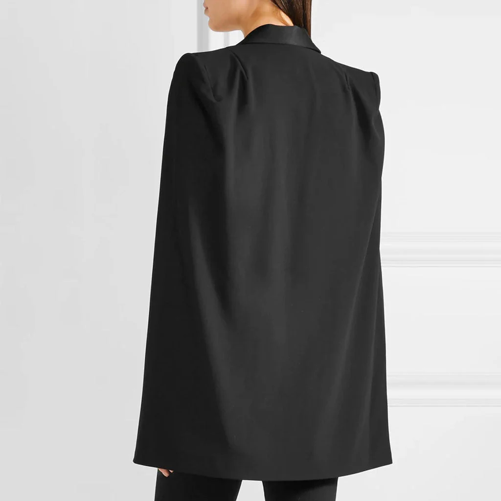 Luxury Monochrome Sheen Shawl Collar Shoulder Pad Tailored Cape Blazer - Image 2