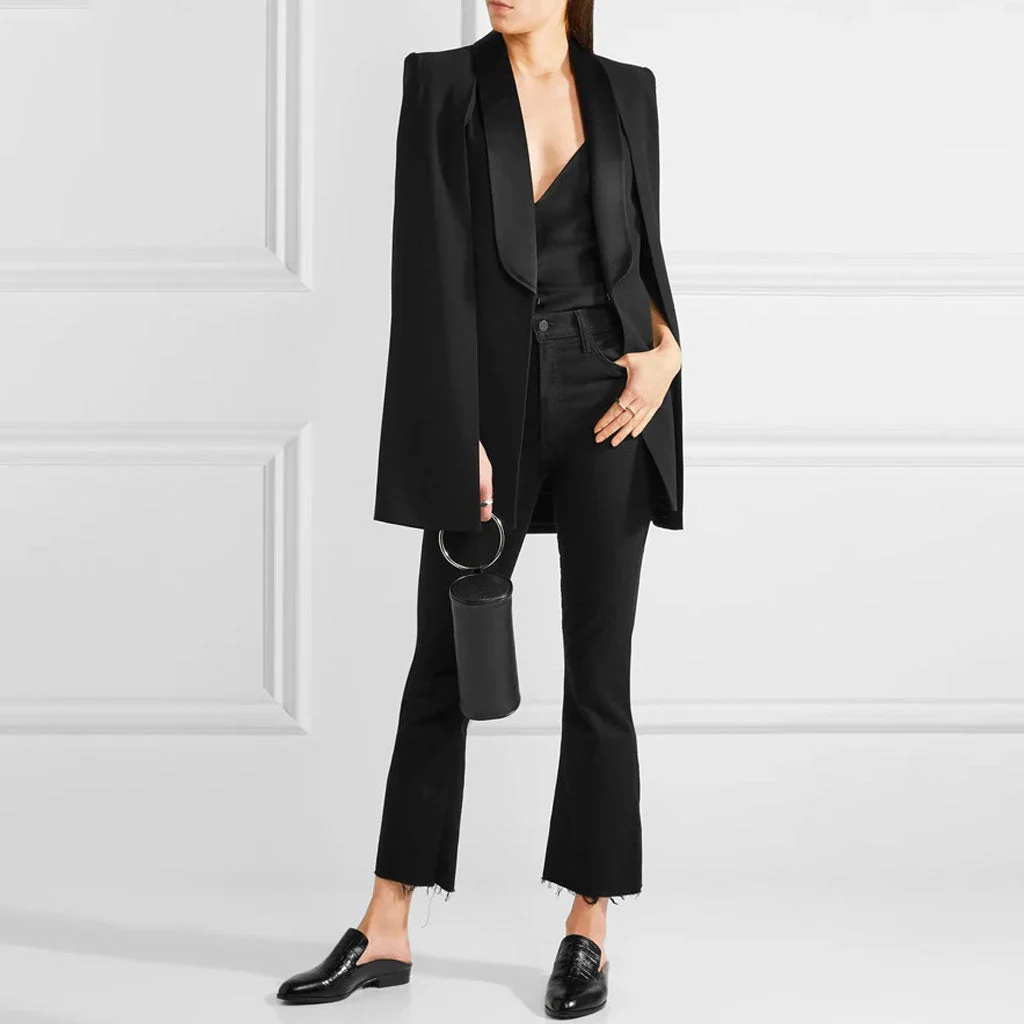 Luxury Monochrome Sheen Shawl Collar Shoulder Pad Tailored Cape Blazer - Image 3