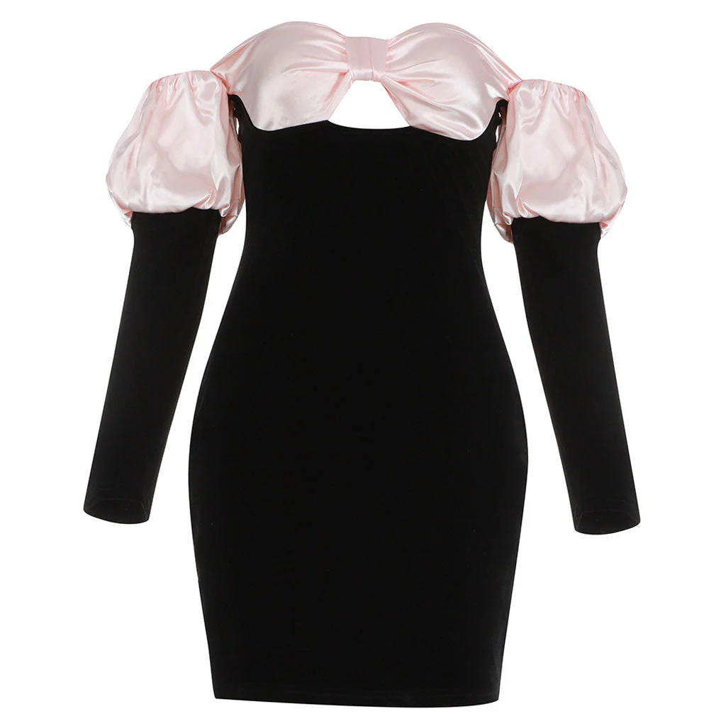 Luxury Off Shoulder Puff Sleeve Knot Front Velvet Mini Dress - Black - Image 3
