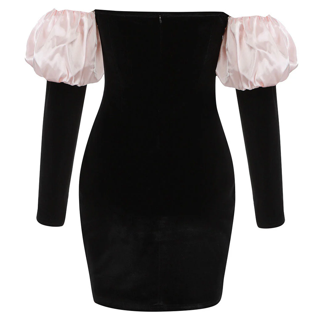 Luxury Off Shoulder Puff Sleeve Knot Front Velvet Mini Dress - Black - Image 4