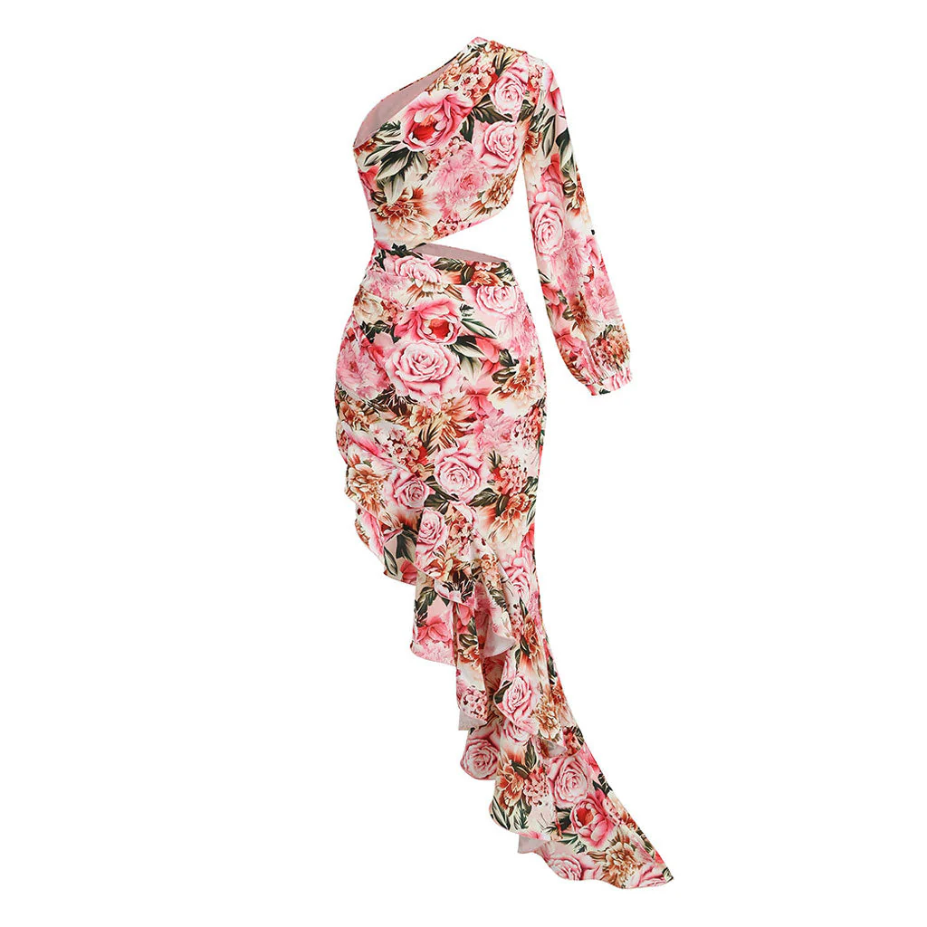 Luxury One Shoulder CutOut Satin Ruffle Floral Evening Dress - Pink - Image 2