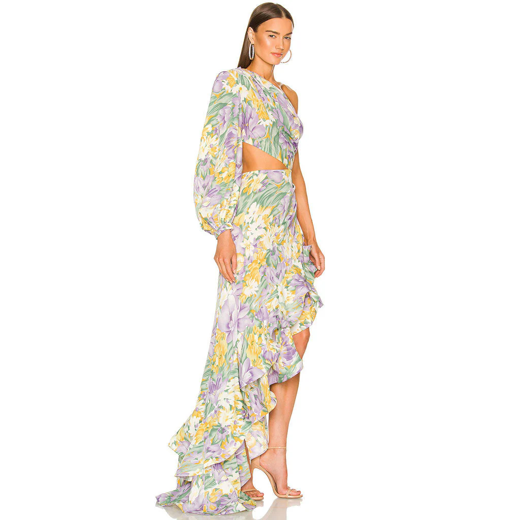 Luxury One Shoulder CutOut Satin Ruffle Floral Evening Dress - Purple - Image 2