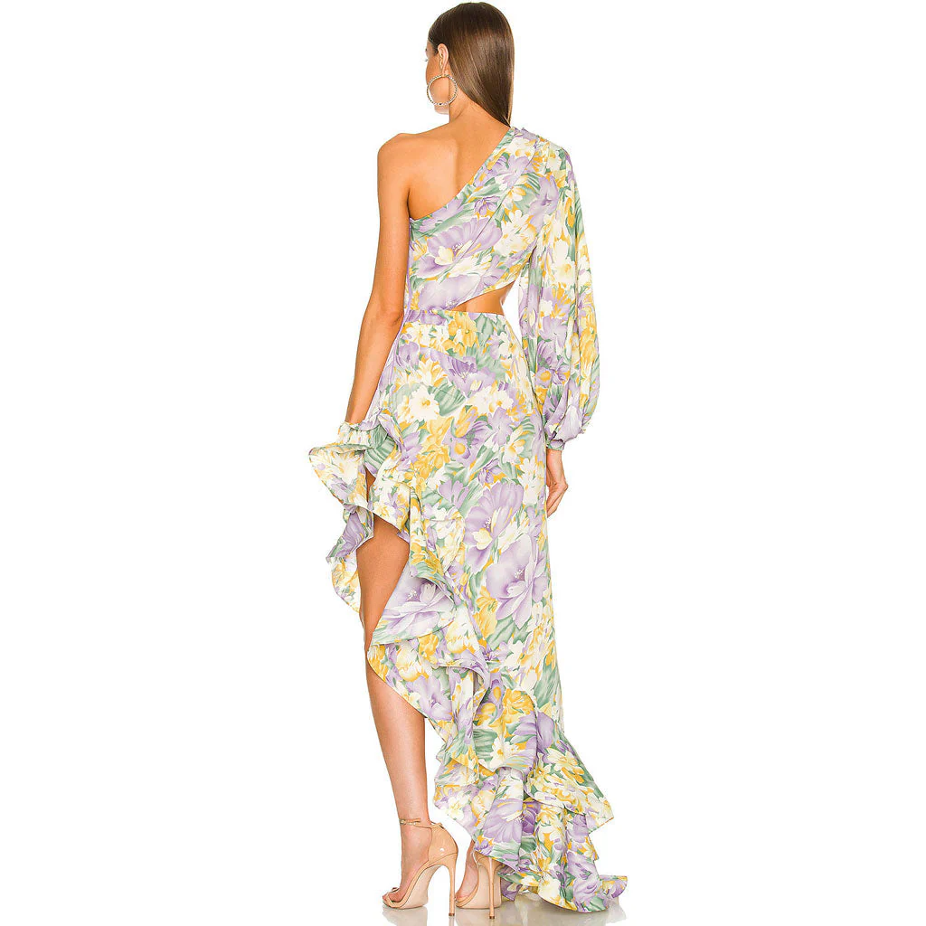 Luxury One Shoulder CutOut Satin Ruffle Floral Evening Dress - Purple - Image 3