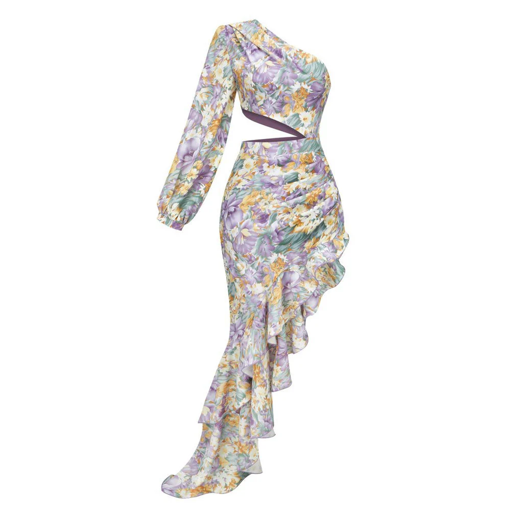 Luxury One Shoulder CutOut Satin Ruffle Floral Evening Dress - Purple - Image 4