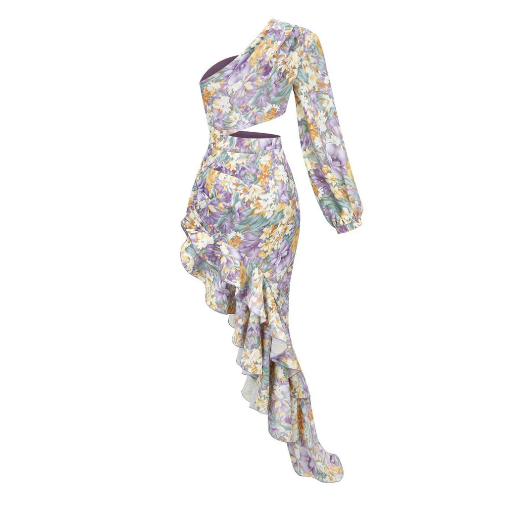 Luxury One Shoulder CutOut Satin Ruffle Floral Evening Dress - Purple - Image 5