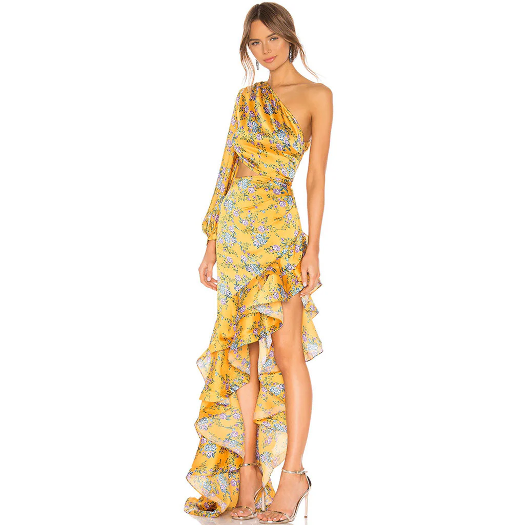 Luxury One Shoulder CutOut Satin Ruffle Floral Evening Dress - YelLow - Image 2