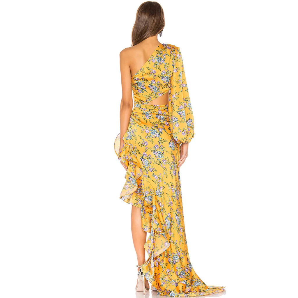 Luxury One Shoulder CutOut Satin Ruffle Floral Evening Dress - YelLow - Image 3
