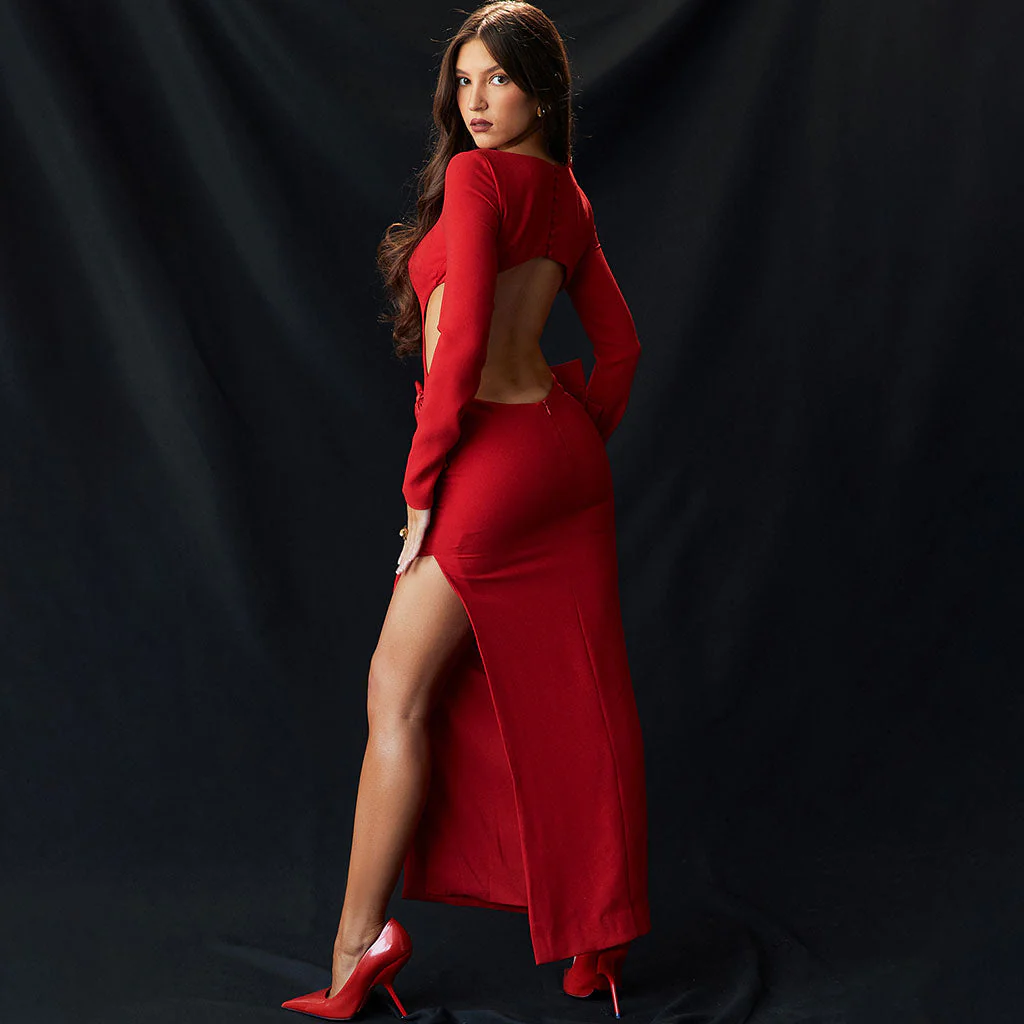 Luxury Oversized Bow Boat Neck Bodycon Long Sleeve Thigh Split Cut Out Maxi Dress - Image 3