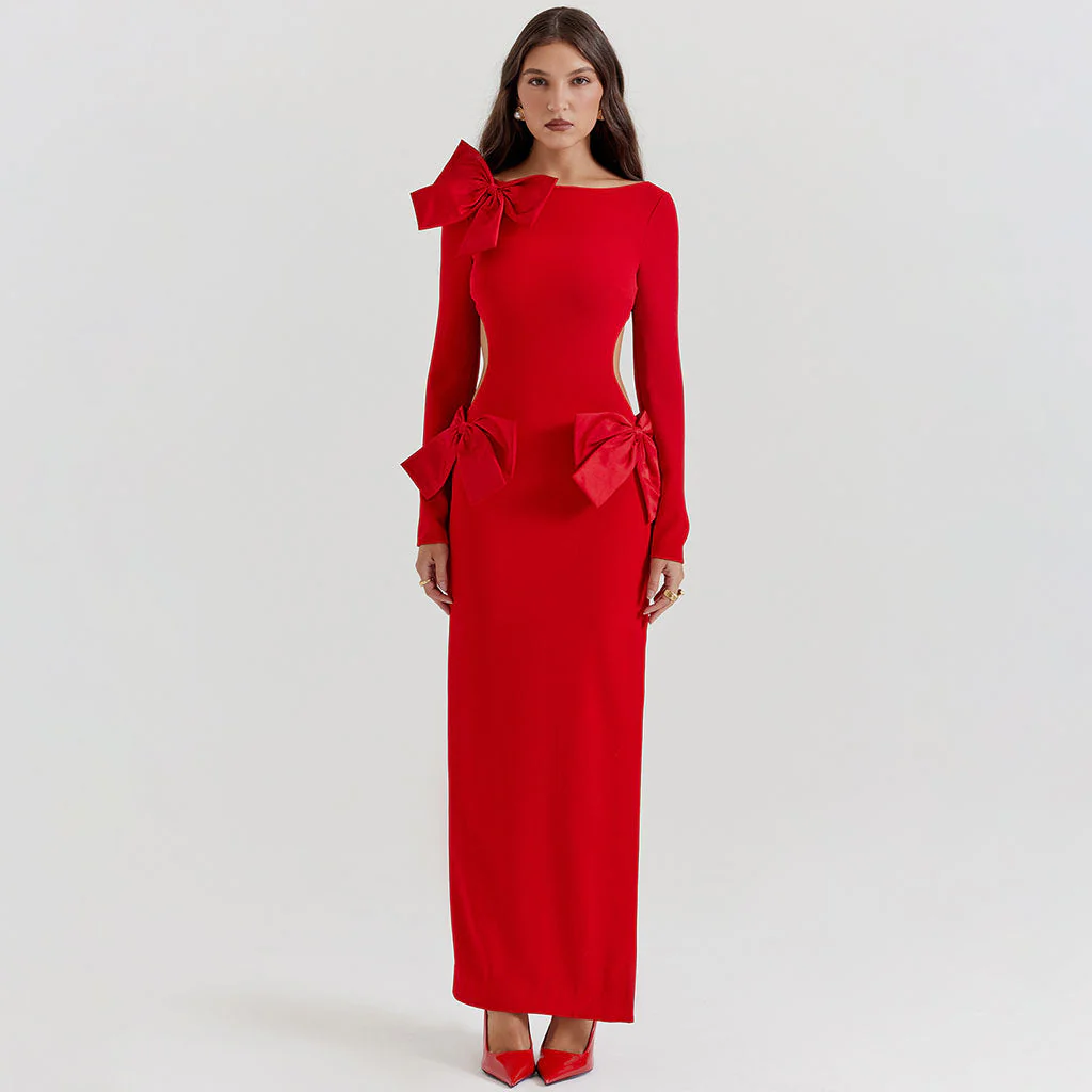 Luxury Oversized Bow Boat Neck Bodycon Long Sleeve Thigh Split Cut Out Maxi Dress - Image 4