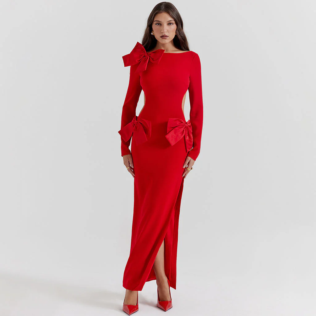 Luxury Oversized Bow Boat Neck Bodycon Long Sleeve Thigh Split Cut Out Maxi Dress - Image 5