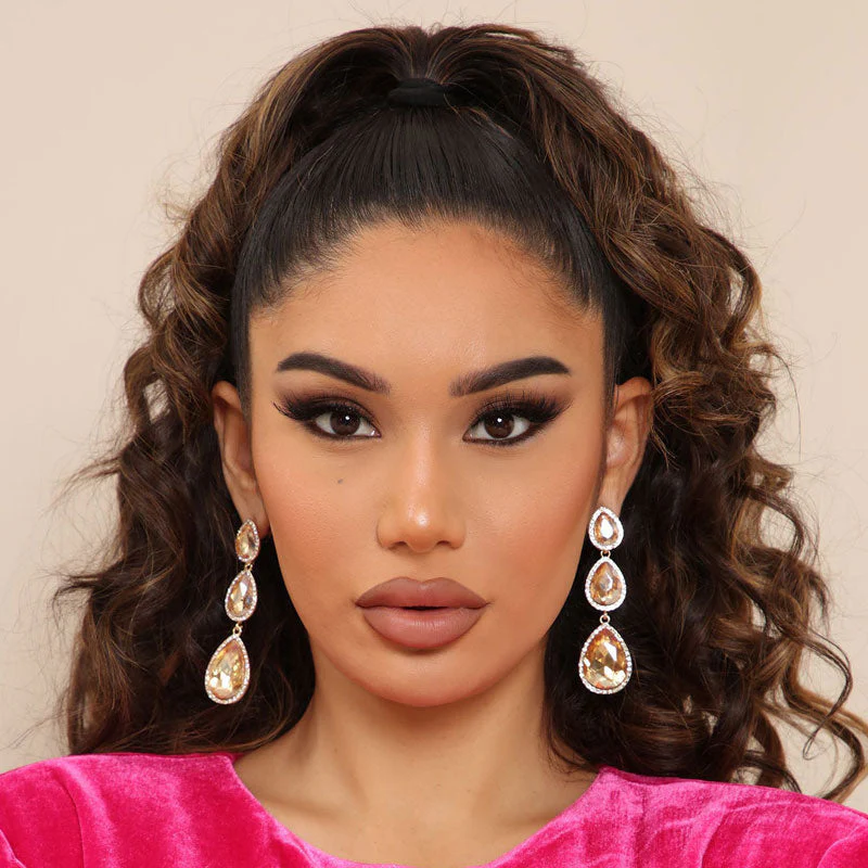 Luxury Pear Cut Crystal Embellished Triple Drop Earrings - YelLow - Image 2