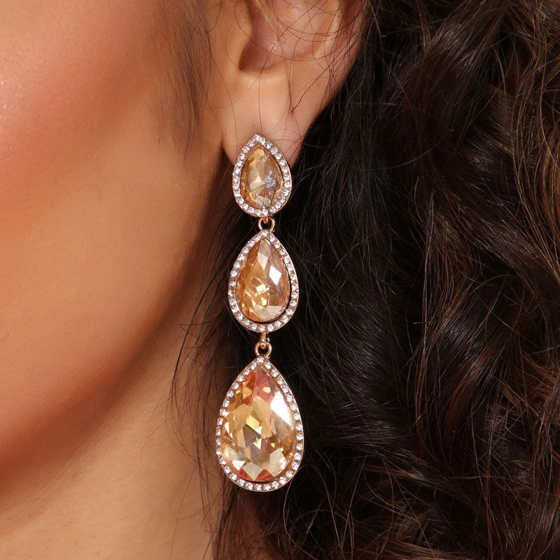 Luxury Pear Cut Crystal Embellished Triple Drop Earrings - YelLow - Image 3
