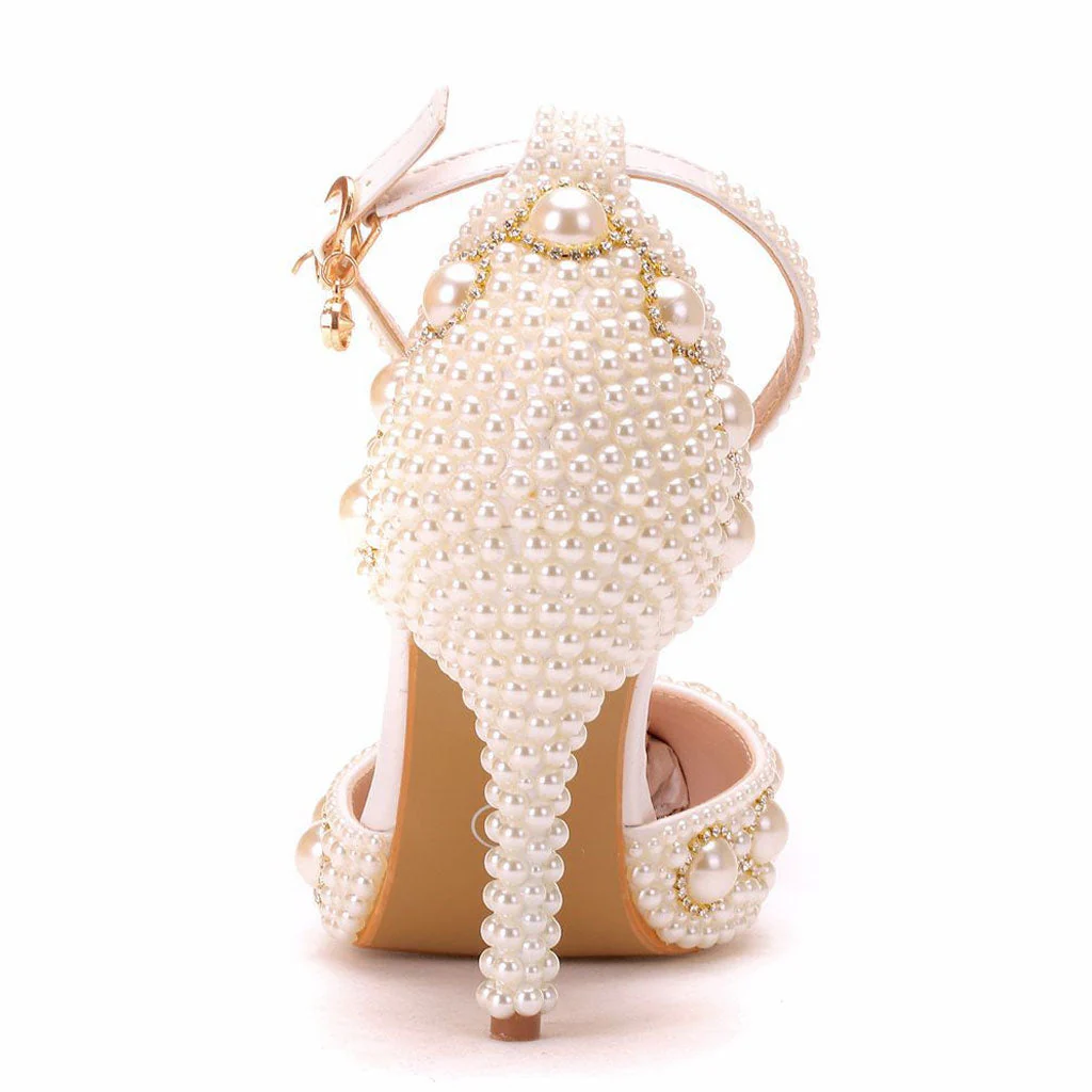 Luxury Pearl Embellished Ankle Strap Pointed Toe Stiletto Sandals - Beige - Image 3