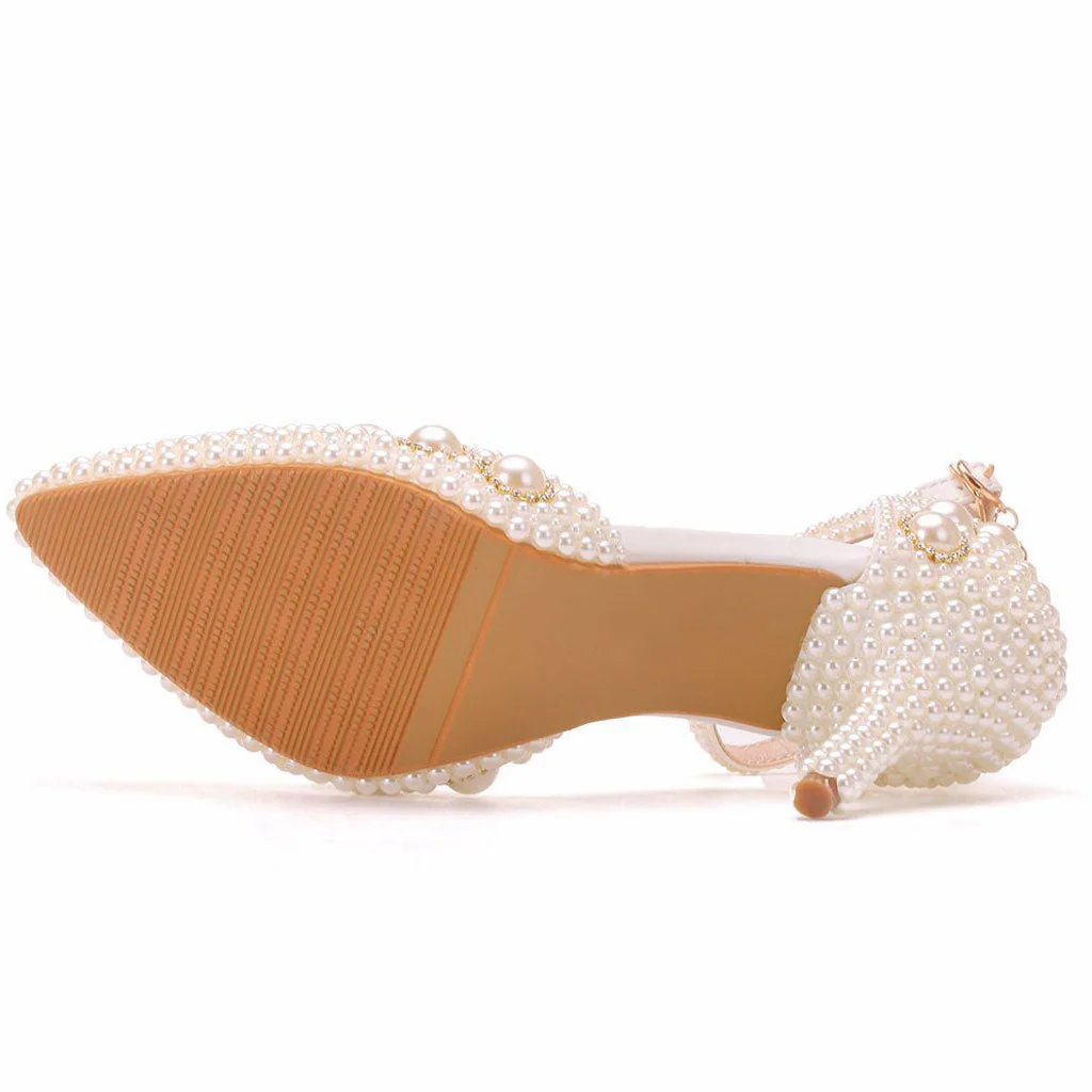 Luxury Pearl Embellished Ankle Strap Pointed Toe Stiletto Sandals - Beige - Image 4
