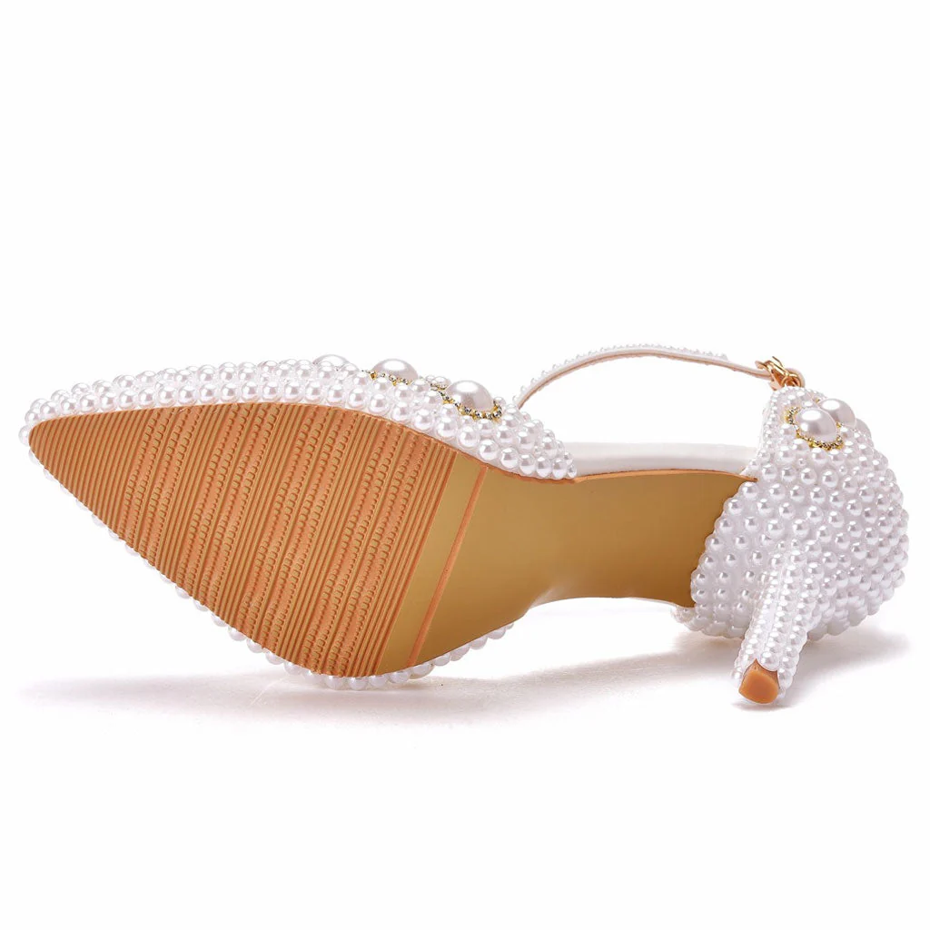 Luxury Pearl Embellished Ankle Strap Pointed Toe Stiletto Sandals - White - Image 4