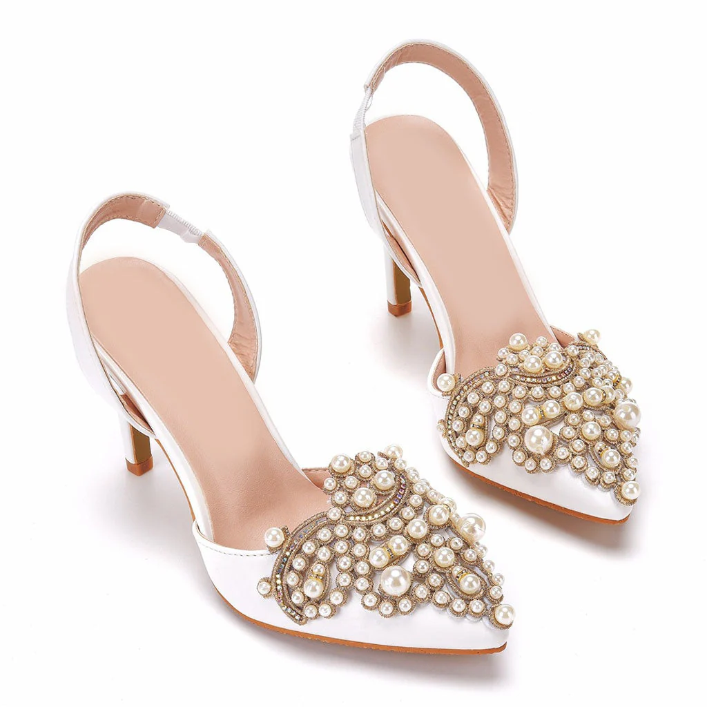 Luxury Pearl Embellished Pointed Toe SlingBack Pumps - White - Image 3