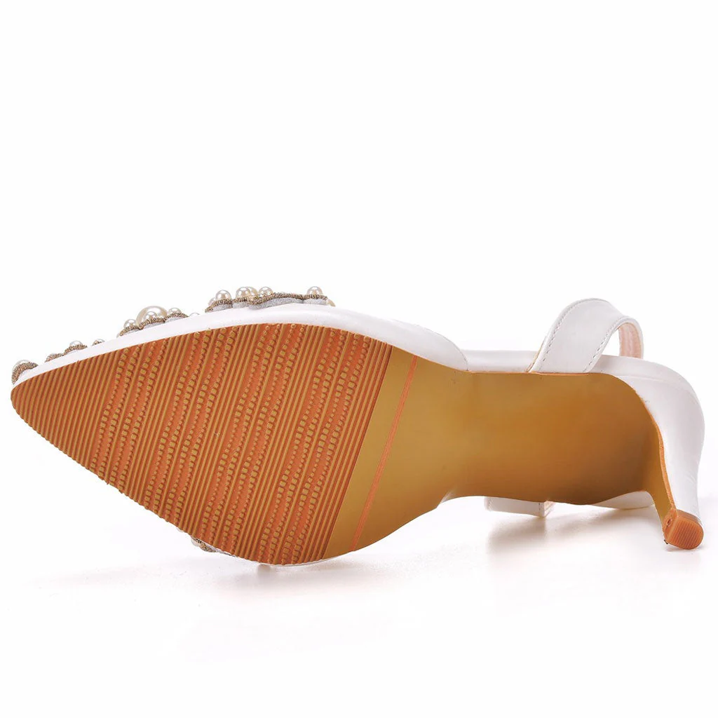 Luxury Pearl Embellished Pointed Toe SlingBack Pumps - White - Image 4