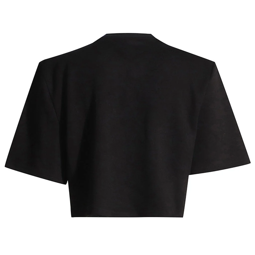 Luxury Rhinestone Bow Split Short Sleeve Notched V Neck Crop Top - Image 2
