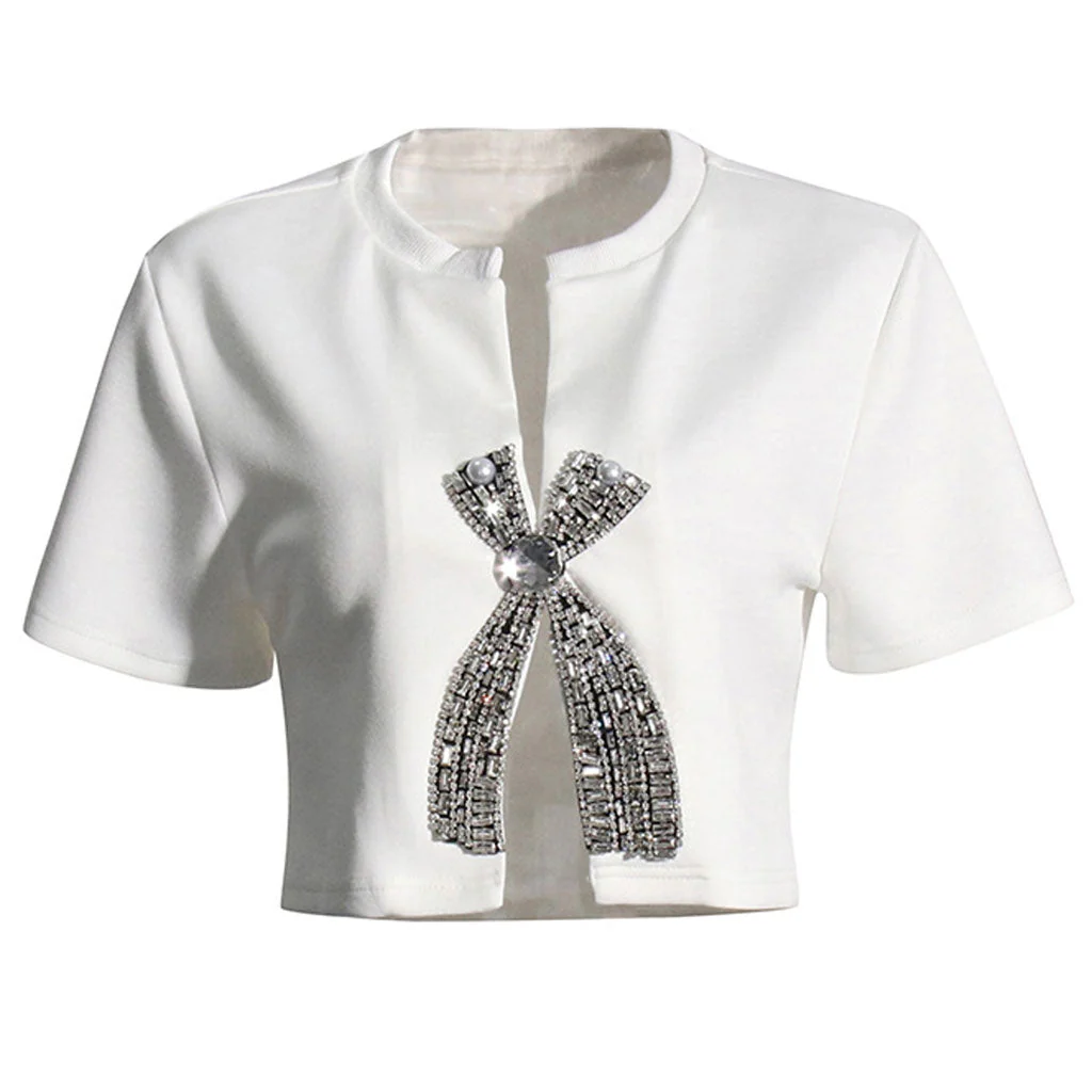 Luxury Rhinestone Bow Split Short Sleeve Notched V Neck Crop Top - Image 3