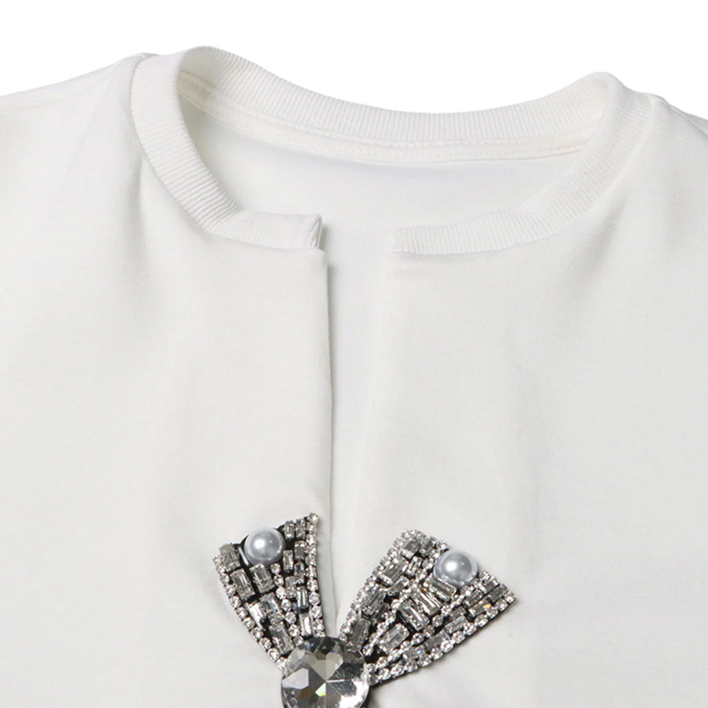 Luxury Rhinestone Bow Split Short Sleeve Notched V Neck Crop Top - Image 5