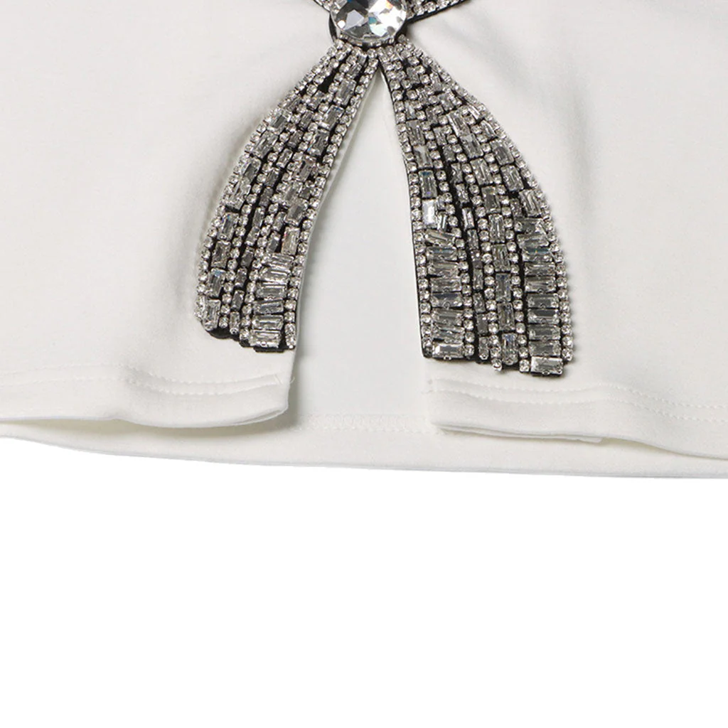 Luxury Rhinestone Bow Split Short Sleeve Notched V Neck Crop Top - Image 6