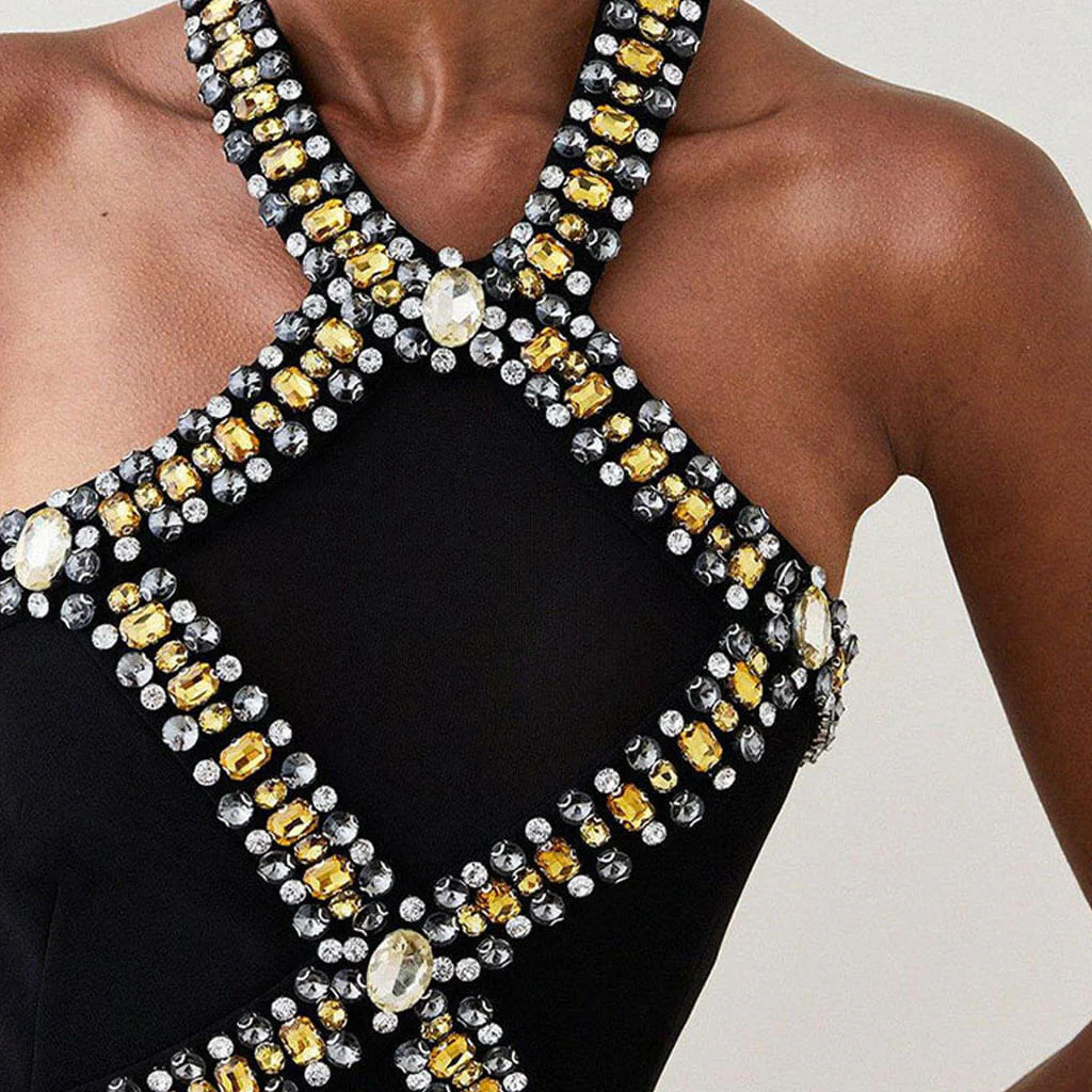Luxury Rhinestone Embellished Halter Neck Open Back Bandage Midi Cocktail Dress - Image 3