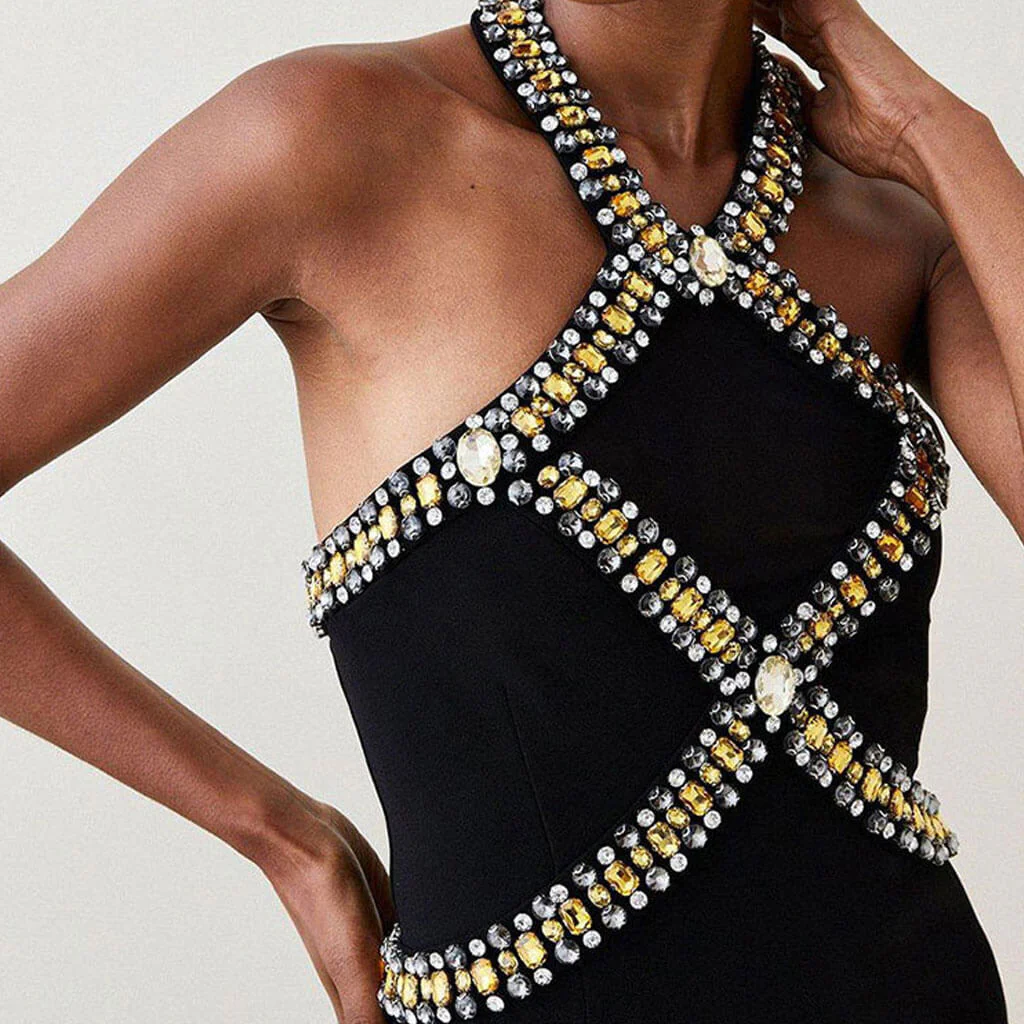 Luxury Rhinestone Embellished Halter Neck Open Back Bandage Midi Cocktail Dress - Image 4