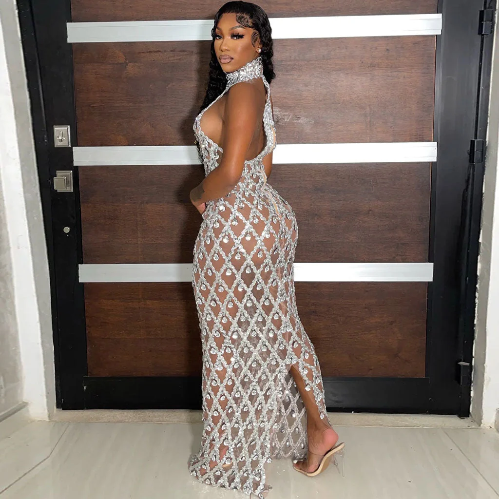 Luxury Rhinestone Embellished High Neck Bodycon Mesh Maxi Evening Dress - Image 2