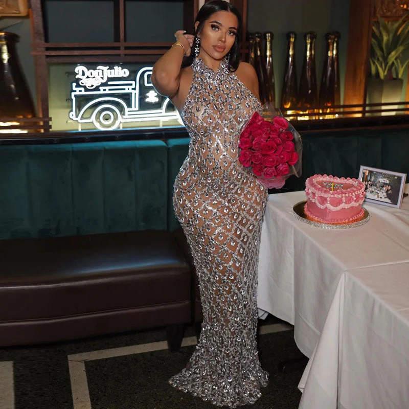 Luxury Rhinestone Embellished High Neck Bodycon Mesh Maxi Evening Dress - Image 6