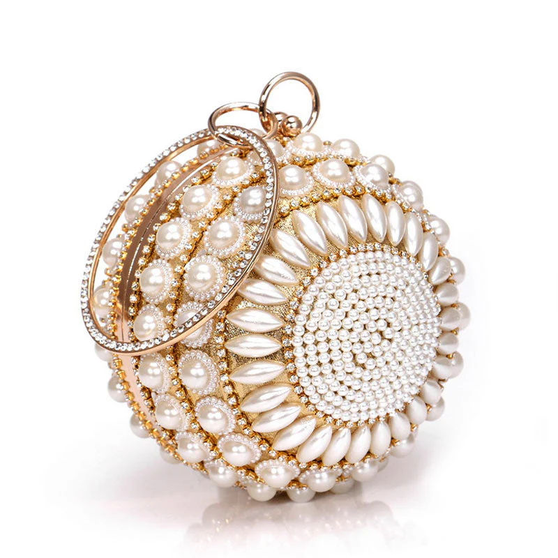 Luxury Rhinestone Embellished Metal Handle Round Pearl Clutch - Gold - Image 2