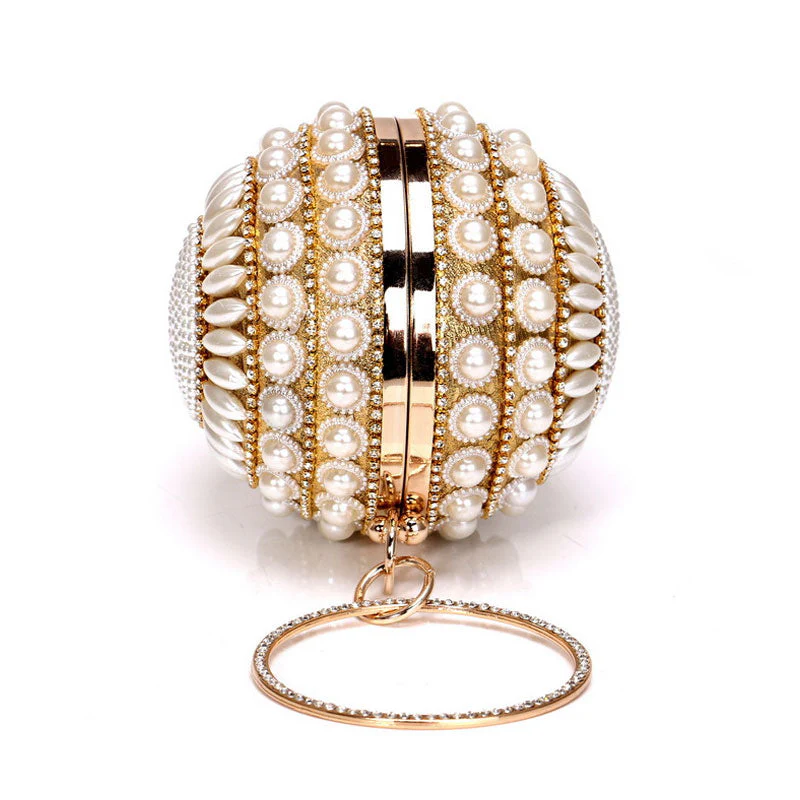 Luxury Rhinestone Embellished Metal Handle Round Pearl Clutch - Gold - Image 4