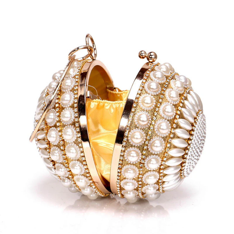 Luxury Rhinestone Embellished Metal Handle Round Pearl Clutch - Gold - Image 5