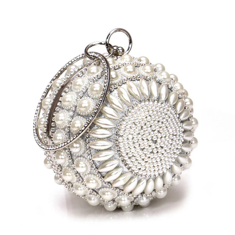Luxury Rhinestone Embellished Metal Handle Round Pearl Clutch - Silver - Image 2