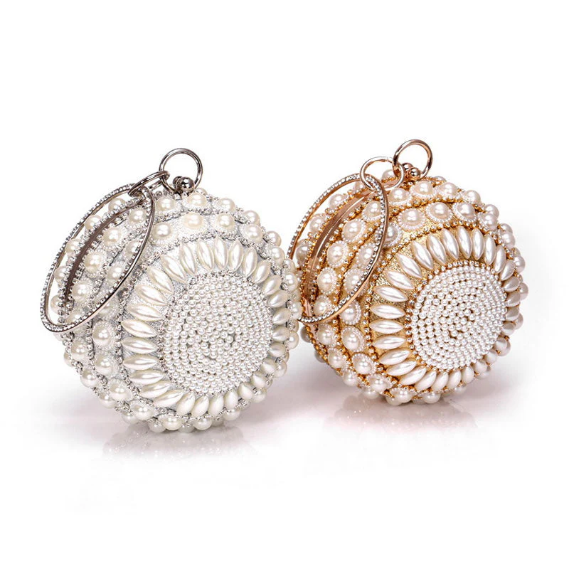 Luxury Rhinestone Embellished Metal Handle Round Pearl Clutch - Silver - Image 3