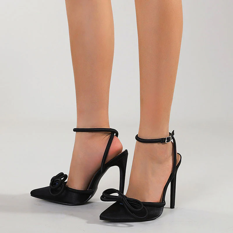 Luxury Satin Ankle Strap Pointed Toe High Heel Butterfly Pumps - Black - Image 2