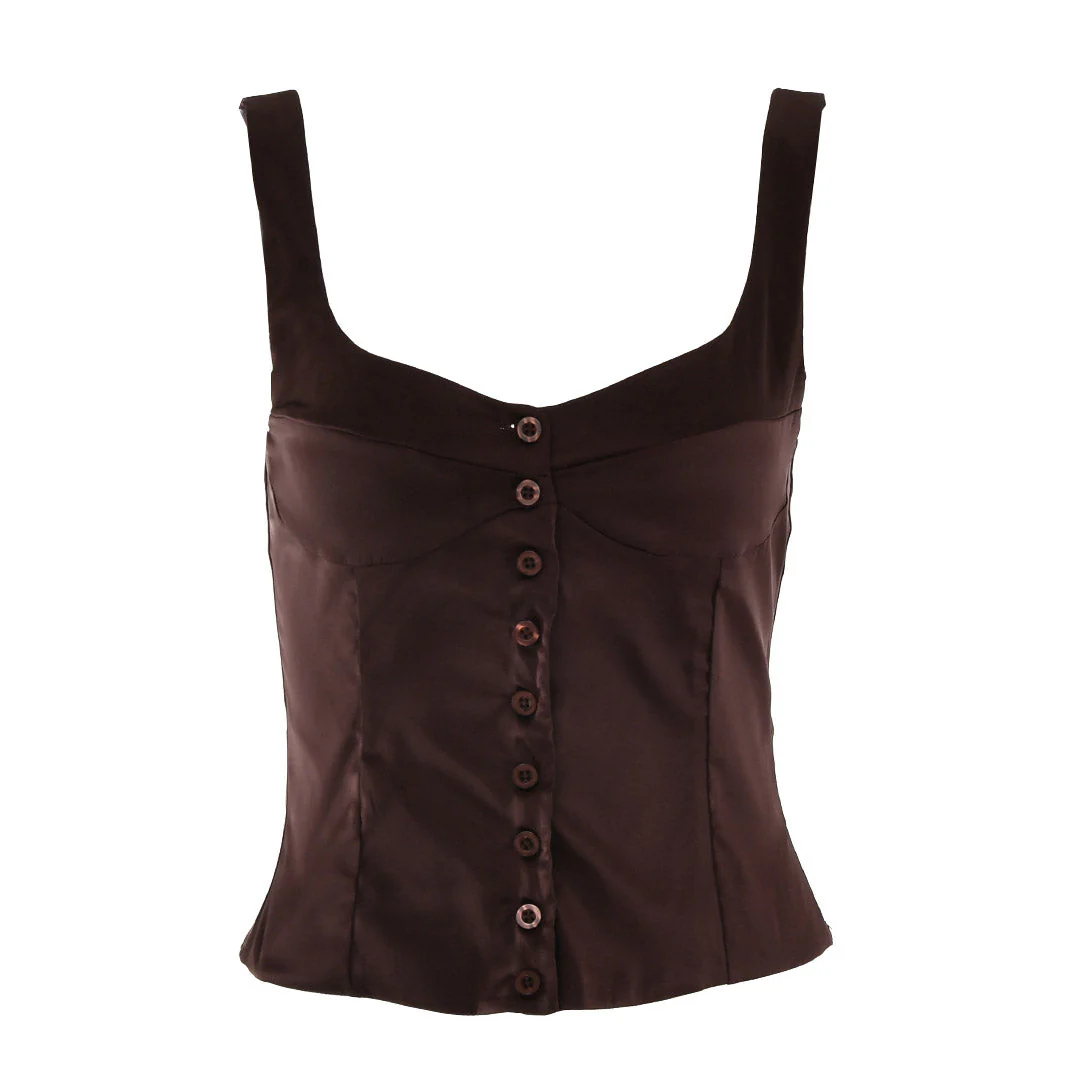 Luxury Satin Square Neck Button Up Sleeveless Tank Top - Brown - Image 2