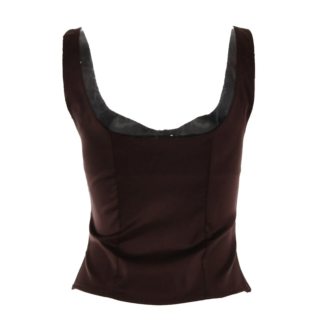 Luxury Satin Square Neck Button Up Sleeveless Tank Top - Brown - Image 3